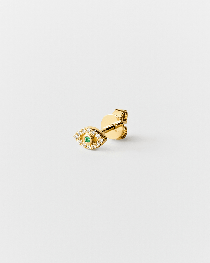 Eirene eye stud in 14k yellow gold, set with an emerald and natural diamonds.